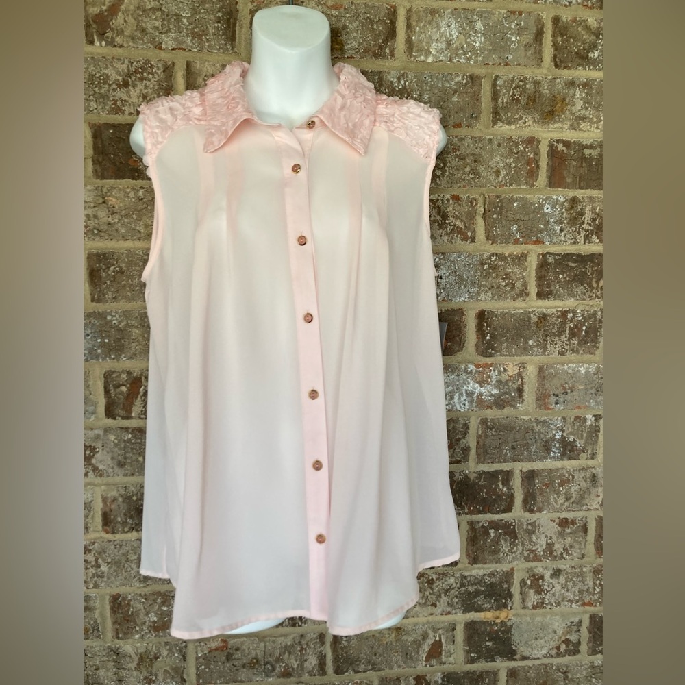 NY Collection Womens Pink Sleeveless Gold buttons button down Blouse Top  L NWT